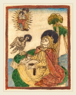 German 15th Century, Saint John on the Island of Patmos, 1480-1490, woodcut in brown, hand-colored