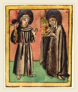 German 15th Century, Saint Francis and Saint Clara, 1450-1470, woodcut, hand-colored in rose, red,