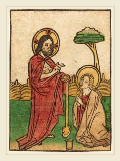 Ludwig of Ulm (German, active 1450-1470), Noli me tangere, hand-colored woodcut (blockbook page)