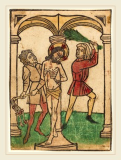 Ludwig of Ulm (German, active 1450-1470), The Flagellation, hand-colored woodcut (blockbook page)