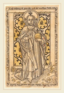 German 15th Century, Christ as Salvator Mundi, c. 1470, woodcut, hand-colored in yellow and red