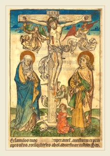 German 15th Century, Christ on the Cross with Angels, c. 1490, woodcut, hand-colored in blue,
