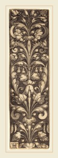 Heinrich Aldegrever (German, 1502-1555-1561), Sprig of Ornamental Foliage with Two Masks and Two