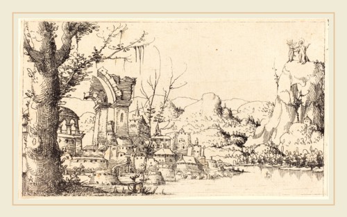 Augustin Hirschvogel (German, 1503-1553), River Landscape with the Temptation of Christ, 1545,
