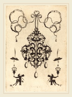 Daniel Mignot (German, active 1593-1596), Large Pendant, Lower Left and Right Two Winged "Devils"