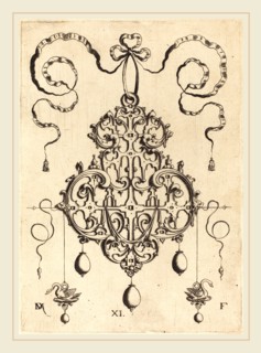 Daniel Mignot (German, active 1593-1596), Strapwork Pendant with Two Swans as Earrings at Left and