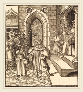 Leonhard Beck (German, c. 1480-1542), Three Men and a Boy in the Court of a Castle, to the Right