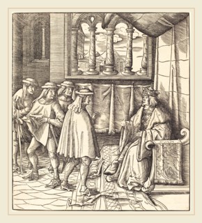 Leonhard Beck (German, c. 1480-1542), A King on a Throne, before him Four Men, 1514-1516, woodcut