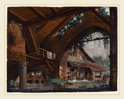 Caspar Wolf (Swiss, 1735-1783), Architectural Fantasy of Antique Ruins with a Watermill, 1760s,