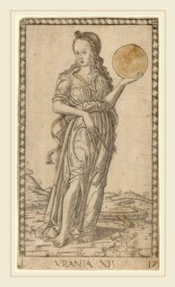 Master of the E-Series Tarocchi (Italian, active c. 1465), Urania, c. 1465, engraving with gilding