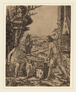 Marcantonio Raimondi (Italian, c. 1480-c. 1534), Vulcan, Venus, and Eros, 1508, engraving