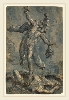 Italian 16th-17th Century after Marco Pino, Perseus, chiaroscuro woodcut printed in black and blue