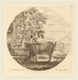 Stefano Della Bella (Italian, 1610-1664), Cow and Young Shepherd at a Fountain, etching on laid