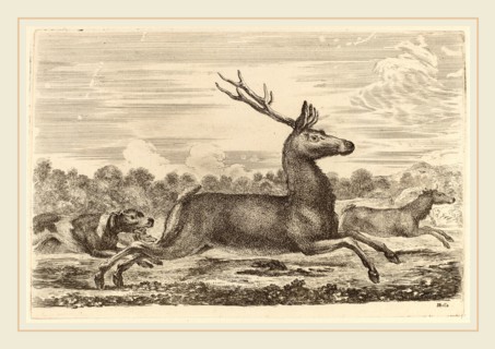 Stefano Della Bella (Italian, 1610-1664), Deer Chased by Two Dogs to the Left, etching on laid