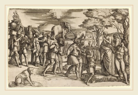 Battista Franco (Italian, probably 1498-1561), Abraham Paying Tithes to Melchisedek, etching and