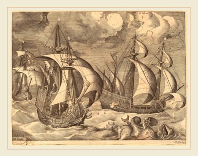 Frans Huys after Pieter Bruegel the Elder (Flemish, 1522-1562), Three Caravels in a Rising Squall