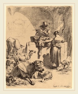 Nicolaes Pietersz Berchem (Dutch, 1620-1683), The Shepherd Seated on a Fountain and the Spinner,