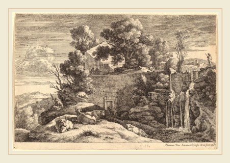 Herman van Swanevelt (Dutch, c. 1600-1655), The Spinner and Four Cows, etching