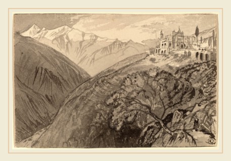 Edward Lear, A Town on a Hilltop (Sanctuary of Lampedusa), British, 1812-1888, 1884-1885, gray wash