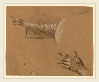 Benjamin West, Study of a Right Arm and a Left Hand, American, 1738-1820, black chalk heightened