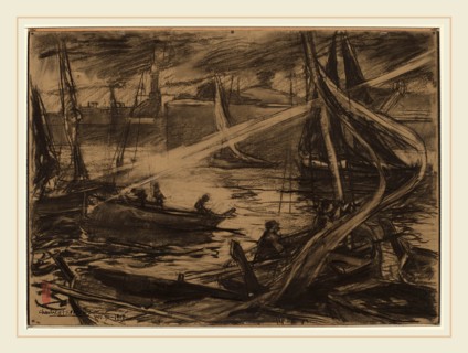 Charles Fromuth, The Storm, American, 1858-1937, 1908, charcoal heightened with white on tan wove