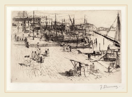 Frank Duveneck, Riva degli Schiavoni (2), American, 1848-1919, c. 1880, drypoint on chine applique