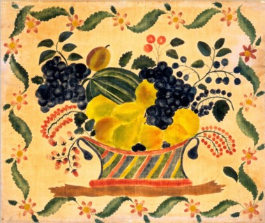 American 19th Century, Basket of Fruit, c. 1830, watercolor on velveteen, theorem painting