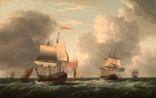 An English Two-Decker Lying Hove to, with Other Ships and Vessels in a Fresh Breeze Signed and