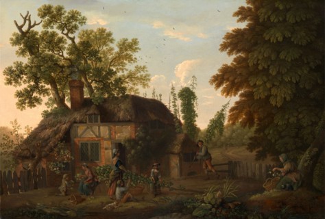 Hop Pickers Outside a Cottage Signed in light green paint, lower left: "Geo Smith", George Smith,