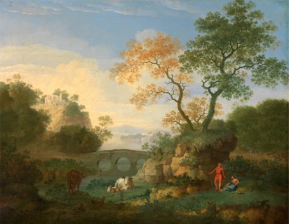 A Landscape with Distant Classical Ruins, a Bridge, Figures, and Cattle Signed and dated, lower