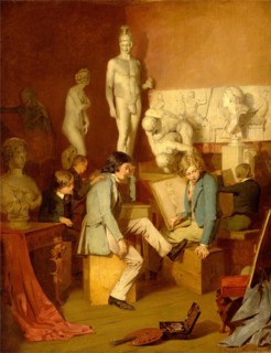 Interior of an Academy: The Critics Signed in brown paint, lower right: "Wmstewart [...]", William