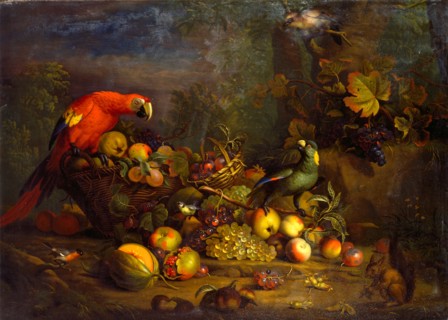 Parrots and Fruit with Other Birds and a Squirrel Signed, lower right: "T. Stranover", Tobias