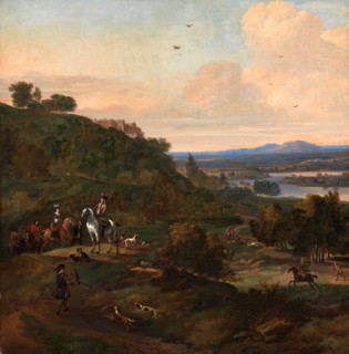 Heron Hawking below Stirling Castle Hawking Scene SIgned, lower left: "JWyck [monogram]", Jan Wyck,