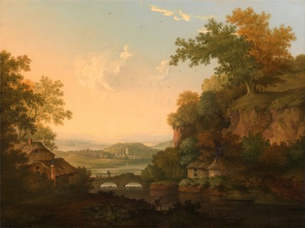 A River Scene with Thatched Huts by a Bridge over a Weir Signed and dated in ocher-color frame,