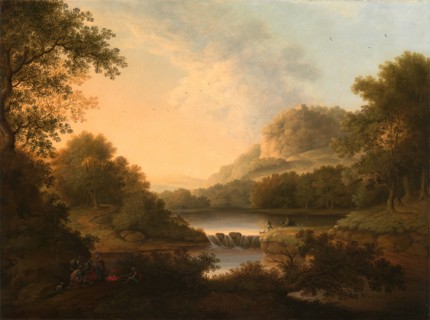 Figures with a Donkey and Dog Crossing a Weir Signed and dated in ocher-color paint, lower right: