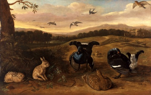 Black Game, Rabbits, and Swallows in a Park Black Game, Rabbits and Swallows in the Park of a