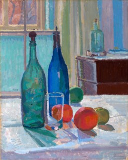 Blue and Green Bottles and Oranges Signed, lower right: "S. F. Gore [enclosed in rectangle]",