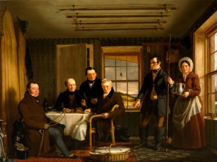 Discussing a Catch of Salmon in a Scottish Fishing-Lodge Interior of a Highland Fisherman's
