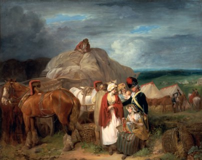 Soldier with Country Women Selling Ribbons, near a Military Camp A Scene at a Camp with a Soldier