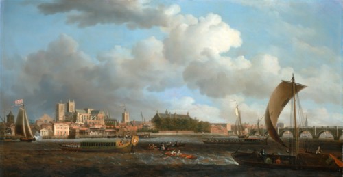 London, Westminster from Lambeth, with the Ceremonial Barge of the Ironmongers' Company Signed,