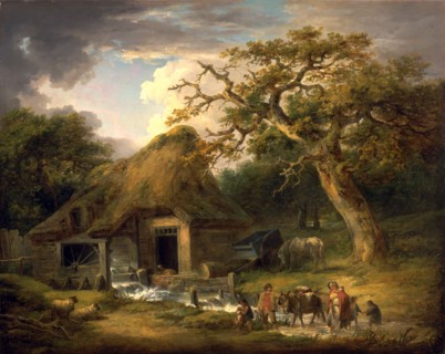 The Old Water Mill Rustic Family Passing a Watermill Signed and dated in brown paint, lower right: