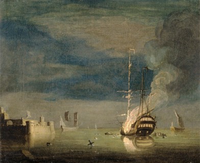 A Two-Decker on Fire at Night off a Fort Inscribed, lower left: "Aged 17 Years" Signed, lower left: