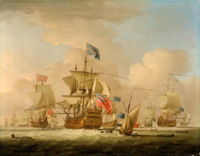 British Men-of-War and a Sloop Signed and dated lower left: "[?] Monamy 17[??]", Peter Monamy,