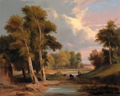 A Wooded River Landscape with Fishermen Signed and dated in black paint, lower right: "J O'Connor |