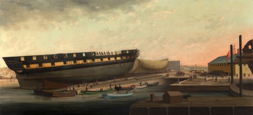 Heaving up His Majesty's Frigate 'Diana' at Blackburn's Yard, near Plymouth Signed in ocher colored