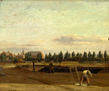 Excavating the Regent's Canal, with a View of Marylebone Chapel Signed in brown paint, lower right: