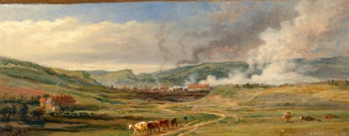Landscape near Swansea, South Wales Signed in verso, branded into wood: "IW RA", James Ward,