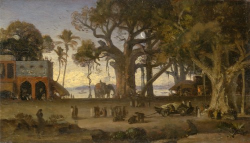 Moonlit Scene of Indian Figures and Elephants among Banyan Trees, Upper India (probably Lucknow),