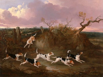 Beagles in Full Cry Harriers Signed and dated in orange color paint, lower left: "Dalby, 1845",