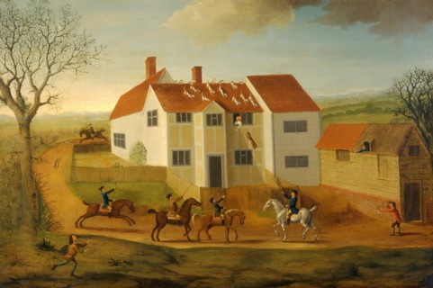 John Sidey and his Hounds at a Farmhouse near Hadleigh, Suffolk Signed and dated in green paint,
